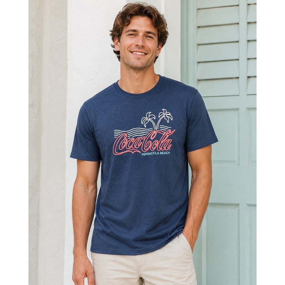 Coca-Cola Pensacola Beach Graphic T-Shirt Mens Large Navy Blue Retro Palm Tree